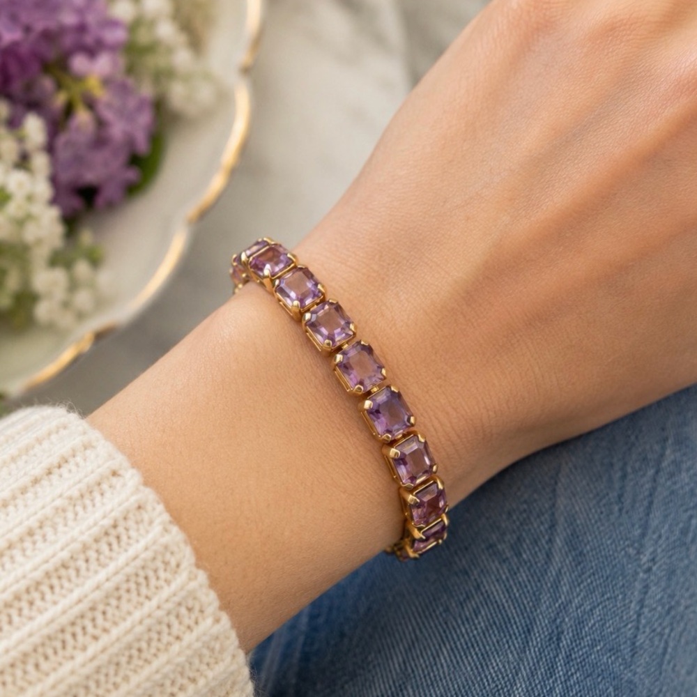 Vintage Monet Purple Glass Bracelet Gold Tone Emerald Cut 7”